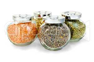 Lentil different and pea flakes in jars