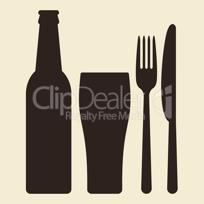 Bottle, glass of beer and cutlery