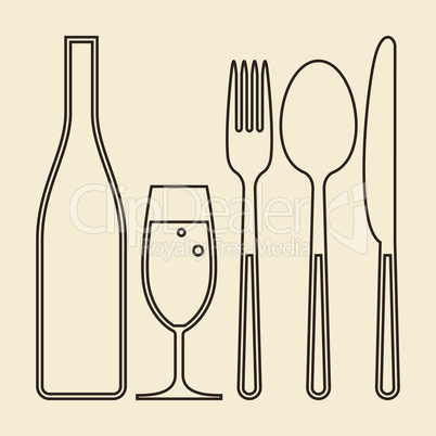 Bottle, glass of champagne, fork, knife and spoon