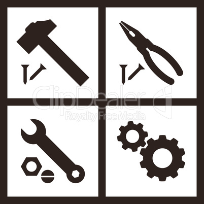 Pliers, hammer, wrench and gears icons
