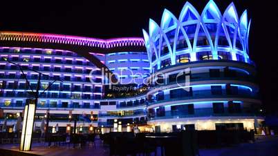The building of luxury hotel in night illumination, Antalya, Turkey