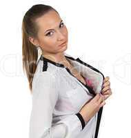 Portrait of woman removing blouse