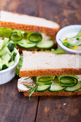 fresh vegetarian sandwich with garlic cheese dip salad