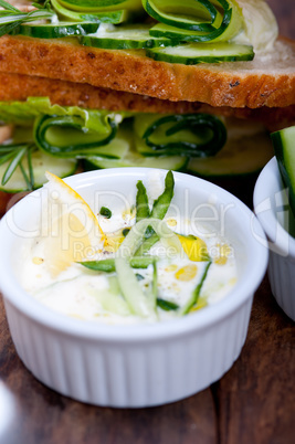 fresh vegetarian sandwich with garlic cheese dip salad