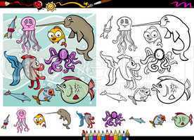 sea life cartoon coloring page set