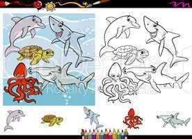 sea life cartoon coloring page set