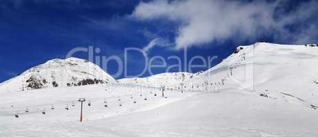 Panorama of ski slope at sunny winter day