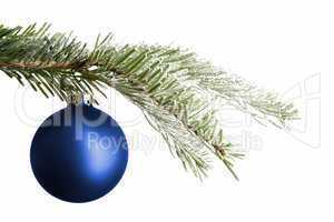 Blue Christmas ball on a snowy branch
