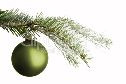 Green Christmas ball on a snowy branch