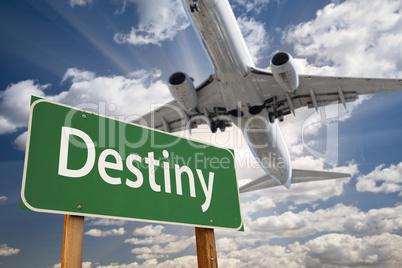 Destiny Green Road Sign and Airplane Above