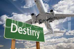 Destiny Green Road Sign and Airplane Above