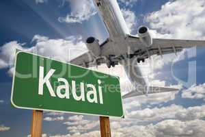 Kauai Green Road Sign and Airplane Above