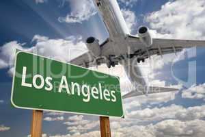 Los Angeles Green Road Sign and Airplane Above