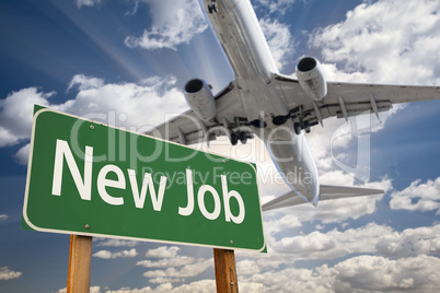 New Job Green Road Sign and Airplane Above