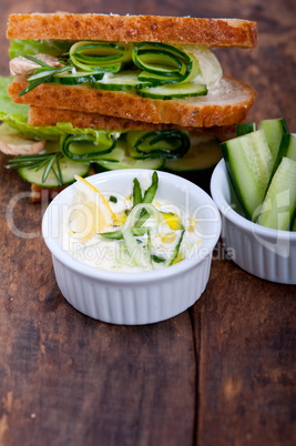 fresh vegetarian sandwich with garlic cheese dip salad