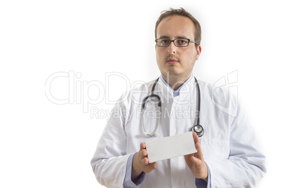 Young Doctor presenting white Box