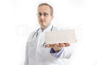 Young Doctor presenting white Box