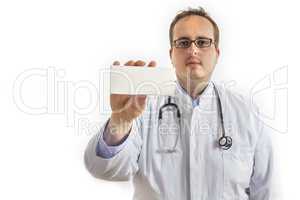 Young Doctor presenting white Box