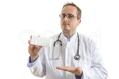 Young Doctor presenting white Box