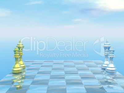Chessboard with kings and queens - 3D render