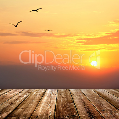 Sunset  with seagulls and wood planks floor background