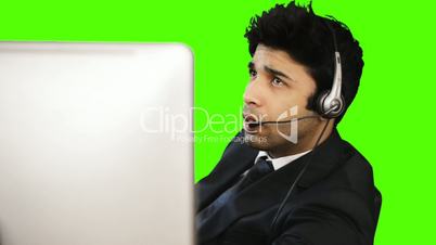 Customer service representative talking on headset