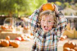 Little Boy Holding His Pumpkin at a Pumpkin Patch