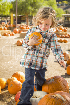 Little Boy Holding His Pumpkin at a Pumpkin Patch