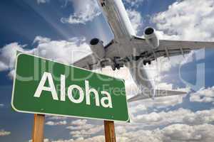 Aloha Green Road Sign and Airplane Above