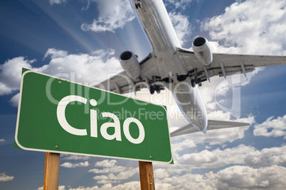 Ciao Green Road Sign and Airplane Above