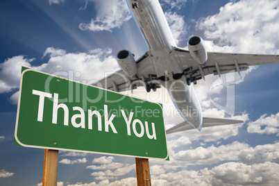 Thank You Green Road Sign and Airplane Above
