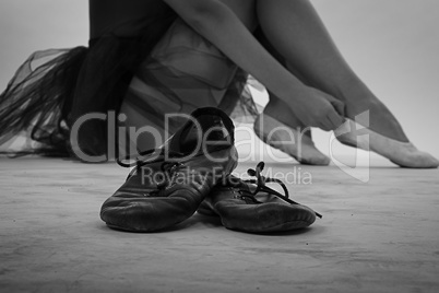 Black and white photo of ballet shoes