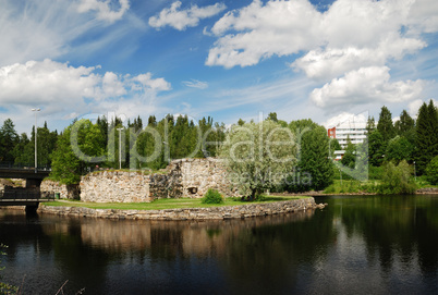 Summer view with ruins of castle on island, Kajaani,