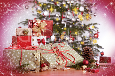 Gifts and Christmas tree with red glittering background