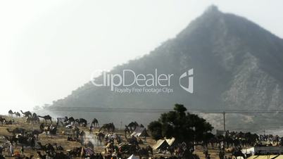 Pan shot of tent at Pushkar Fair with mountain in the background