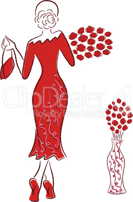 Lady in long red gown with red roses goes away