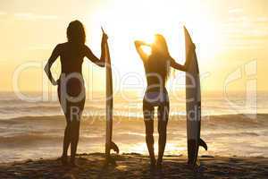 Beautiful Bikini Surfer Women Girls Surfboards Sunset Beach