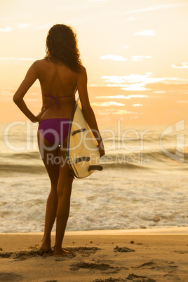 Woman Girl Bikini Surfer & Surfboard Sunset Beach