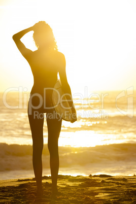 Woman Bikini Surfer & Surfboard Sunset Beach