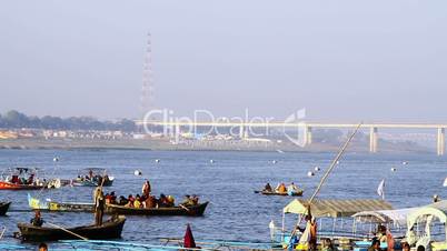 Locked-on shot boats in a river during Kumbh Mela