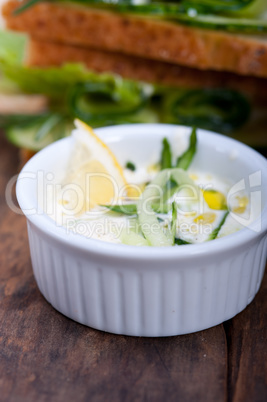 fresh vegetarian sandwich with garlic cheese dip salad