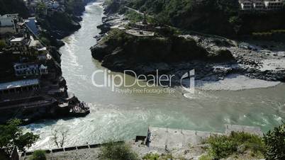 Locked-on shot of Devprayag view at confluence of Alaknanda and Bhagirathi River