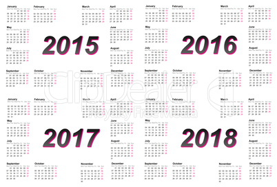 Set of european 2015, 2016, 2017 and 2018 year calendars