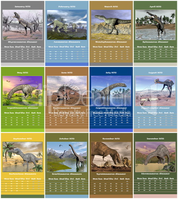 European 2015 year calendar with dinosaurs