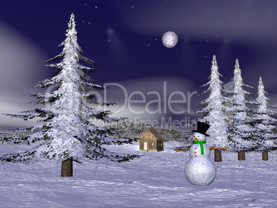 Christmas snowman at the mountain - 3D render