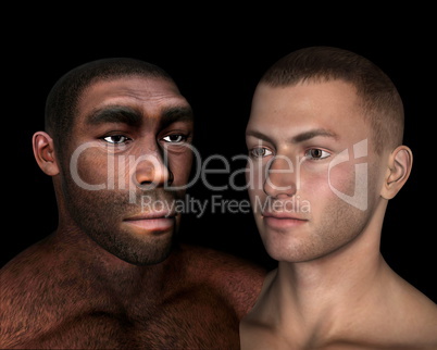 Homo erectus and sapiens comparison - 3D render
