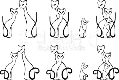 Set of contour sketches of cat families