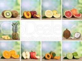 Früchte und Obst Collage mit Apfel, Orange und Zitrone mit Text