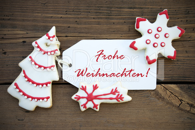 Red Frohe Weihnachten on a white Label