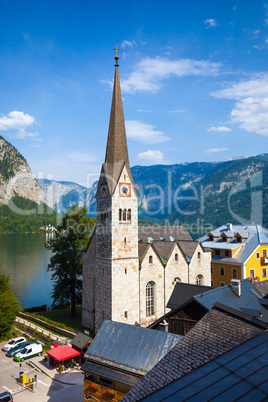 View of Hallstatt Christuskirche church bell tower